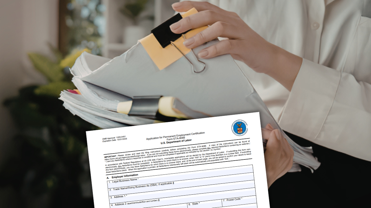 a woman holding stock of files with a PERM Labor Certification form
