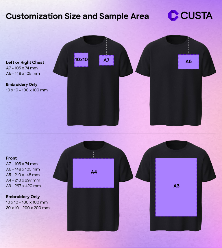 CUSTA - Personalised Custom T-shirt Printing Size and Area