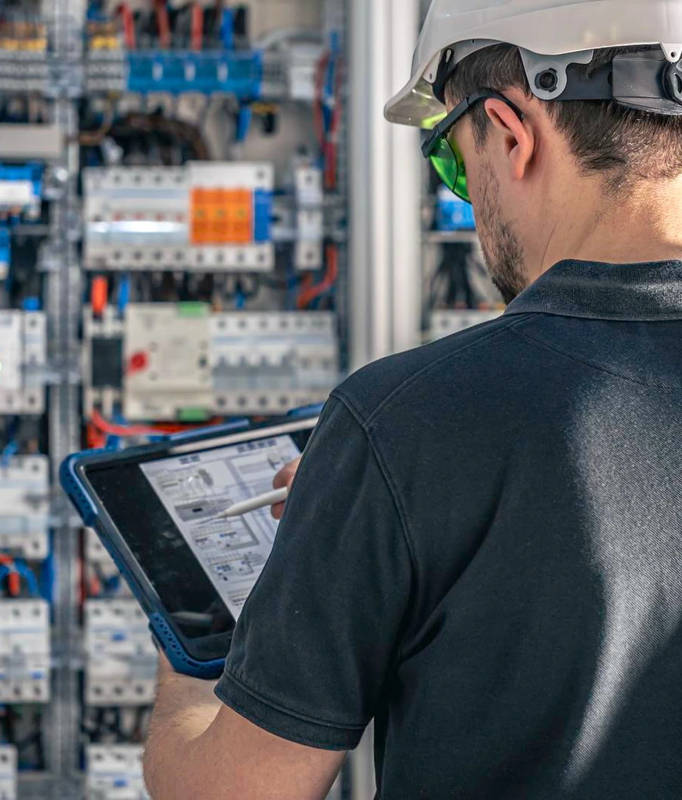 Technician testing an industrial electrical control panel