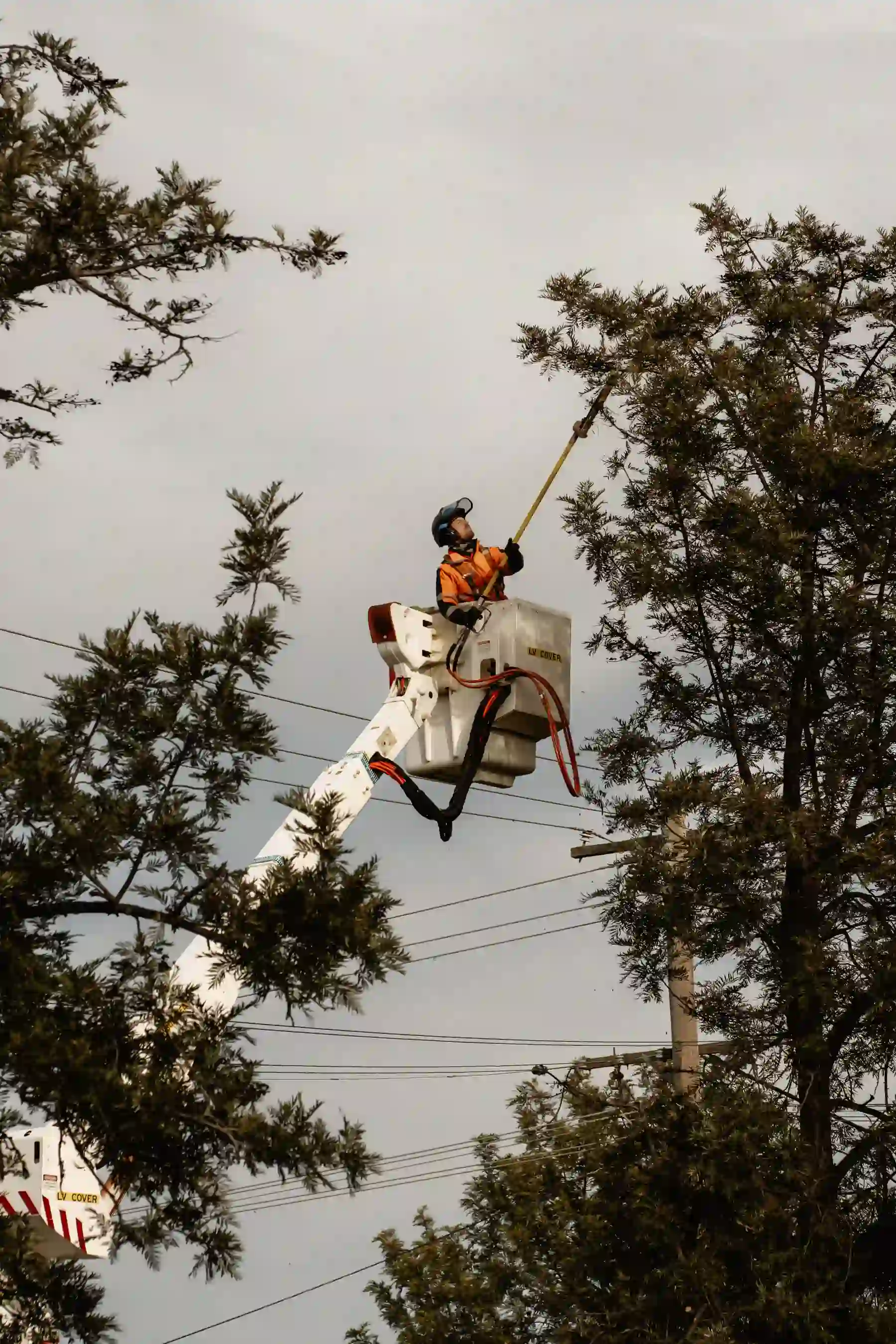 A man on a lift working on a power line.
