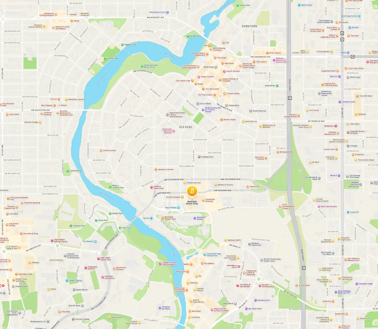 Map of Bend, Oregon showing streets, parks, businesses, and landmarks including West Side Barber Shop, Deschutes River, Old Bend, and downtown area.