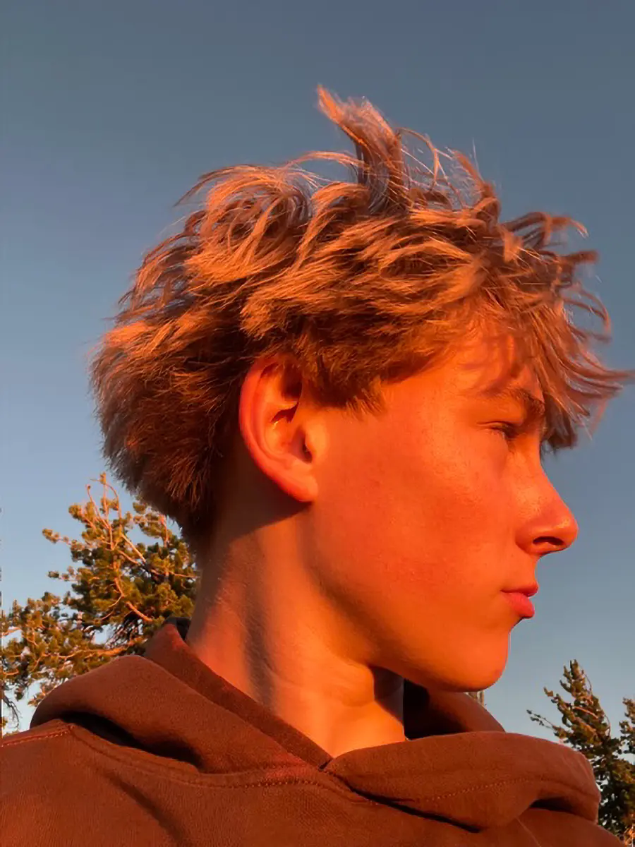 Side profile of a young person with tousled light brown hair wearing a brown hoodie, illuminated by warm sunlight with a blue sky background.