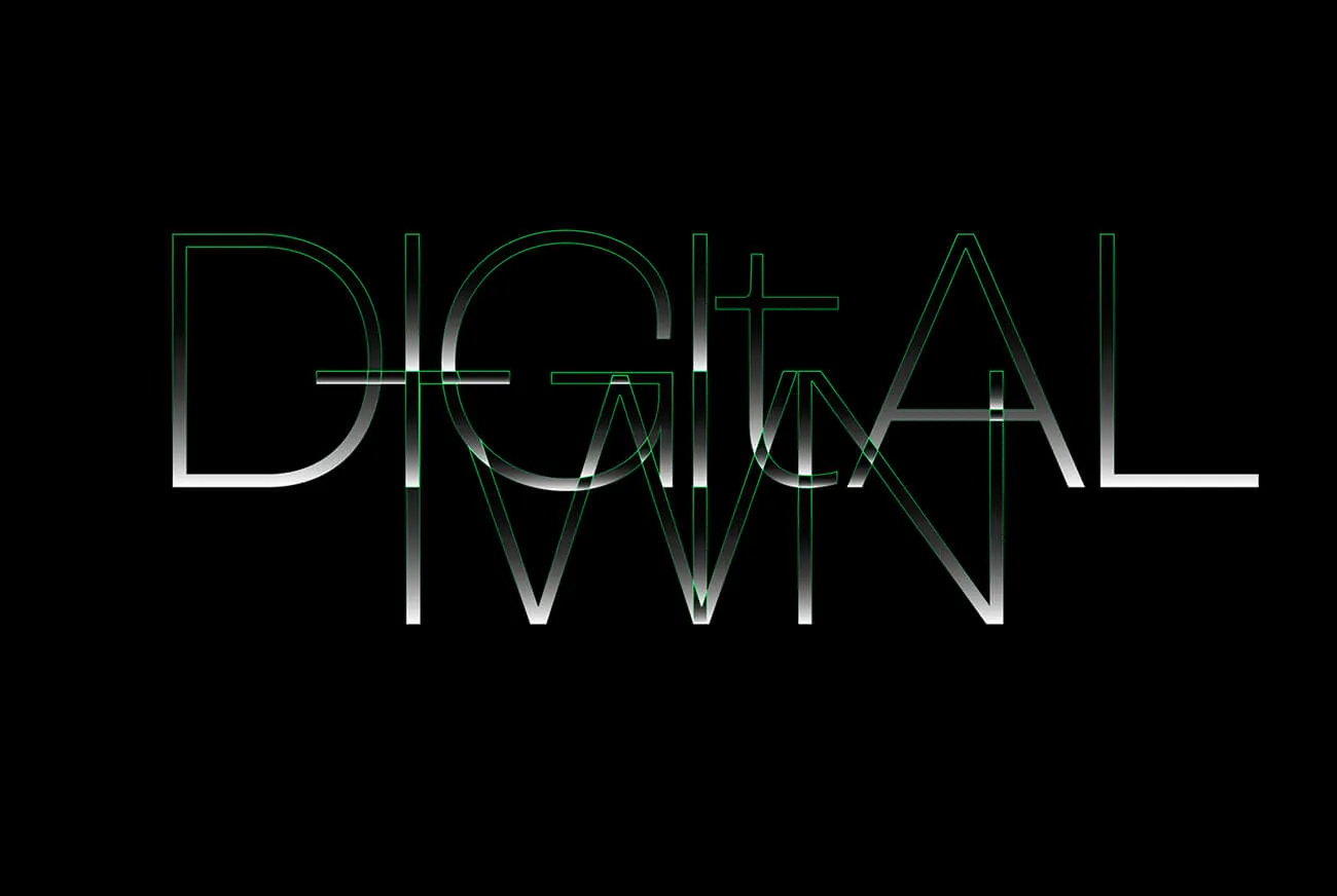 Stylized text reading 'DIGITAL TWIN' with overlapping and gradient white to gray letters on a black background.