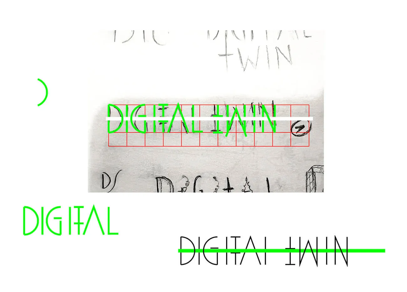 Sketches and digital renderings of the phrase 'DIGITAL TWIN' in various stylized fonts and orientations, with green and red overlays.