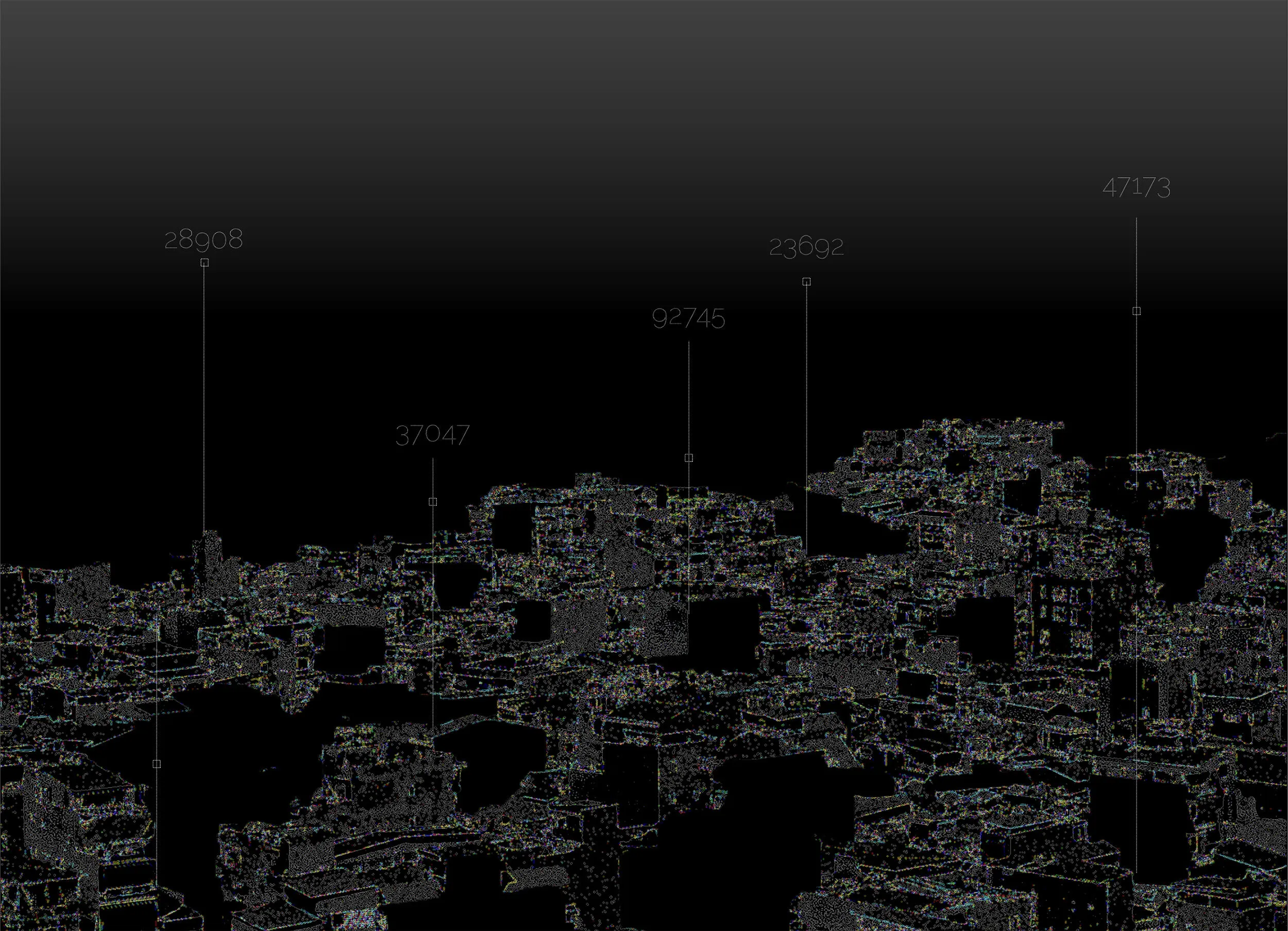 Digital model of a cityscape with five numerical data points marked above buildings on a black to dark gray gradient background.