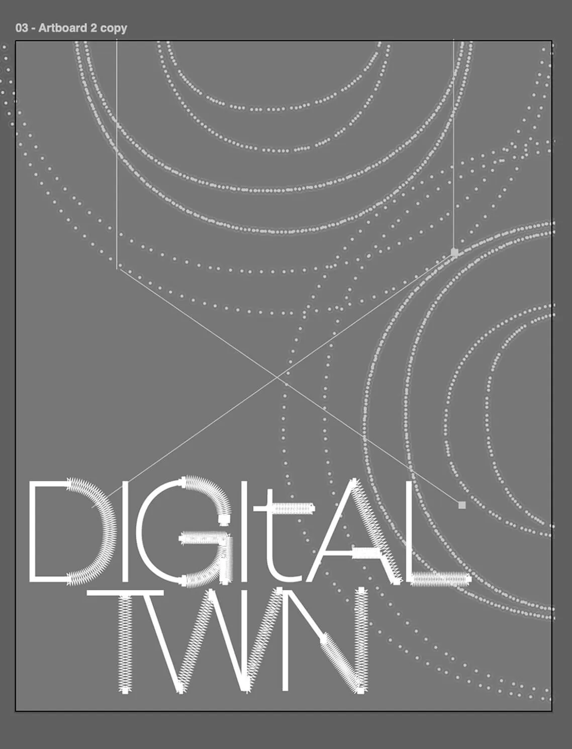 Graphic text reading 'DIGITAL TWIN' with curved arrows and dotted circular patterns in the background.