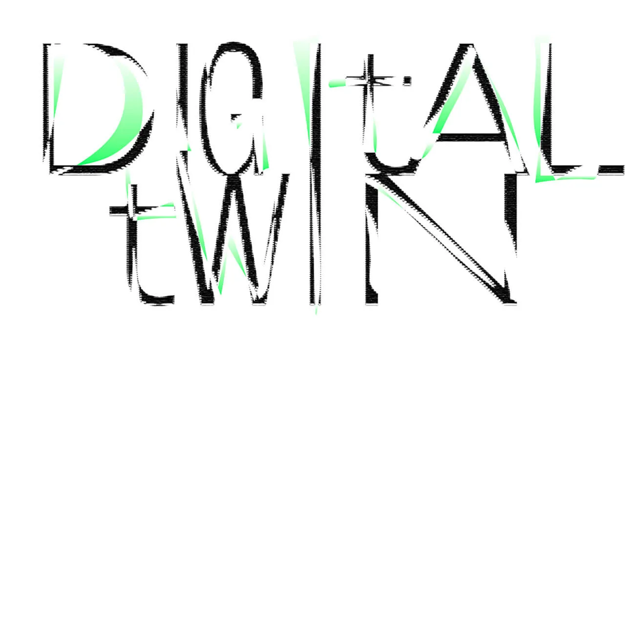 Stylized text reading 'DIGITAL twin' with distorted black and green letters on a white background.