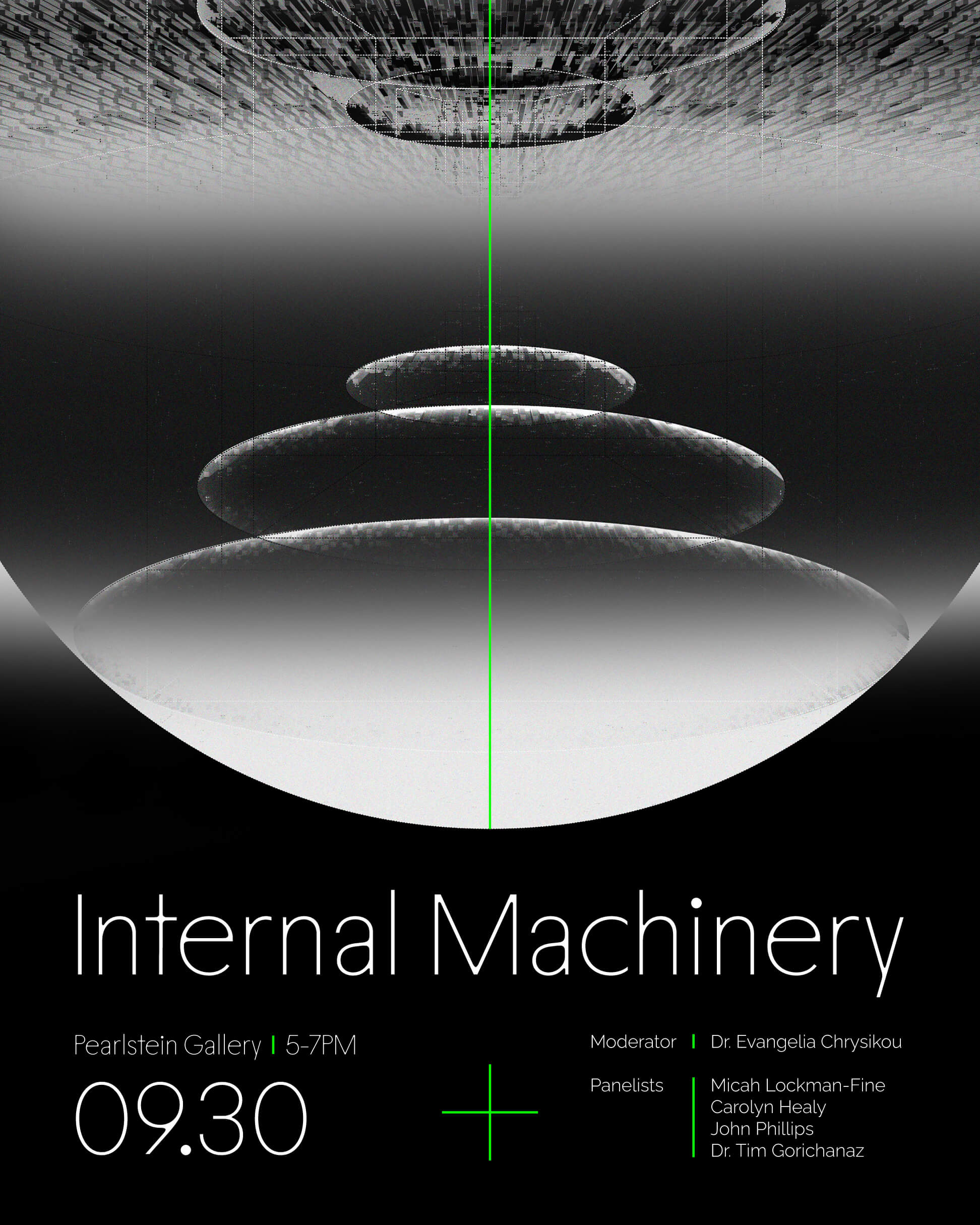 Poster for Internal Machinery event at Pearlstein Gallery on September 30, 5-7PM with moderator Dr. Evangelia Chrysikou and panelists Micah Lockman-Fine, Carolyn Healy, John Phillips, and Dr. Tim Gorichanaz.