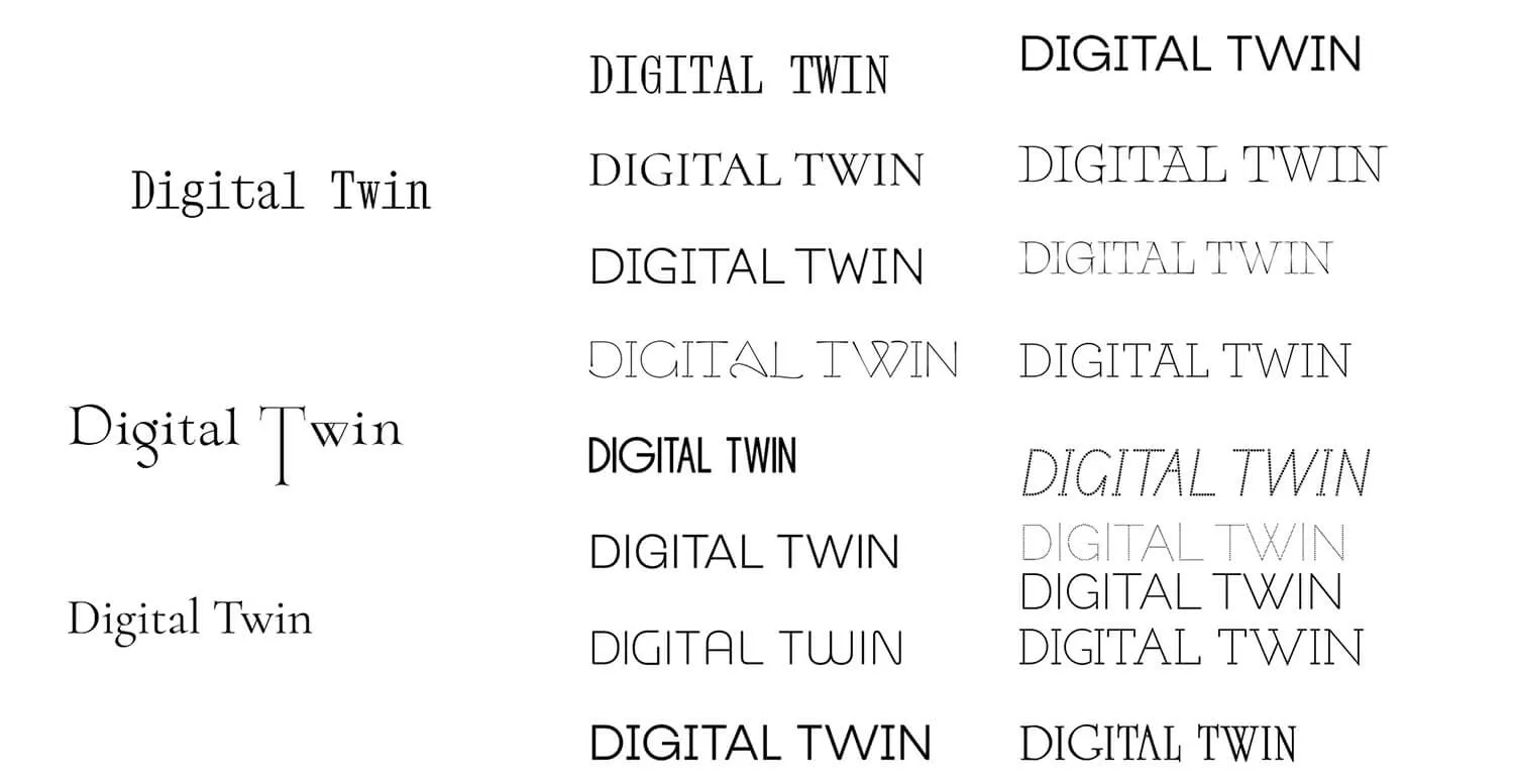 Various stylized text representations of the phrase 'Digital Twin' in multiple fonts and formats.
