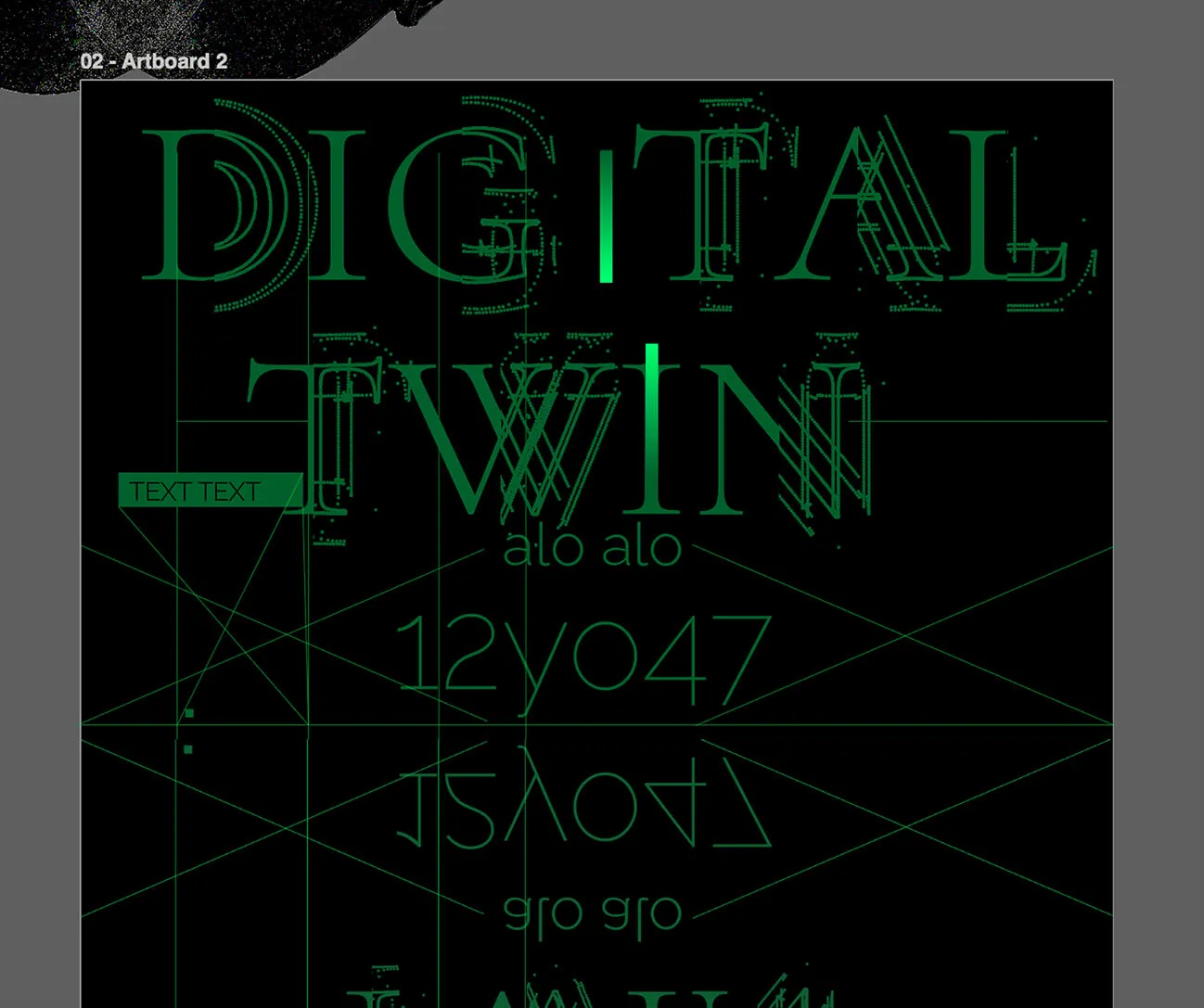 Digital twin blueprint-style design with green technical text and lines on a black background.
