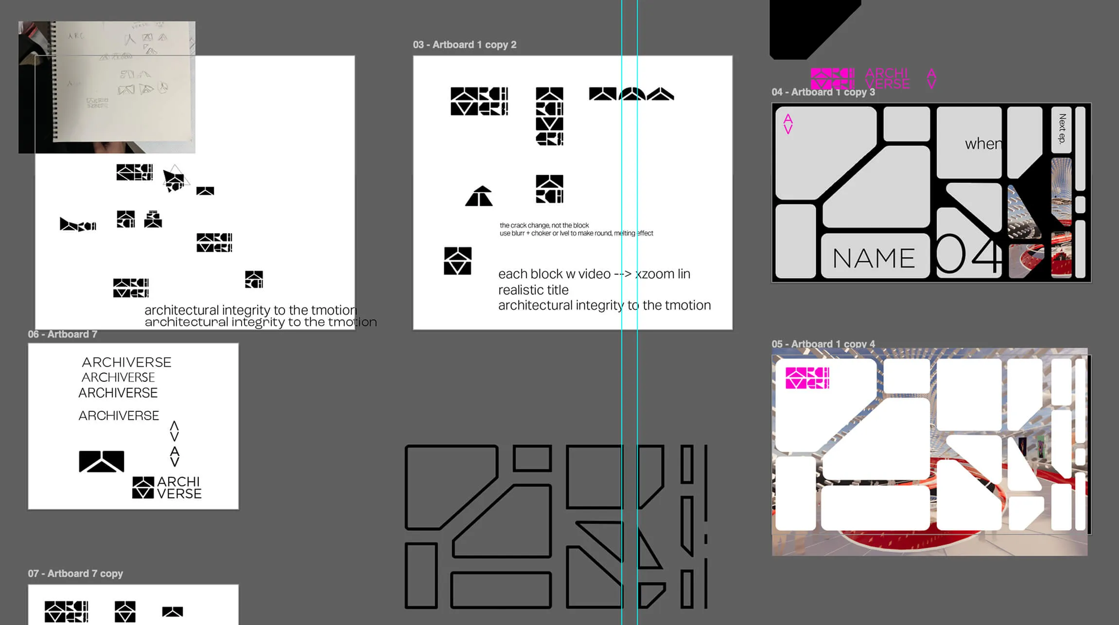 Graphic design workspace showing multiple artboards of logo concepts, layouts, and architectural-themed text on a gray background.