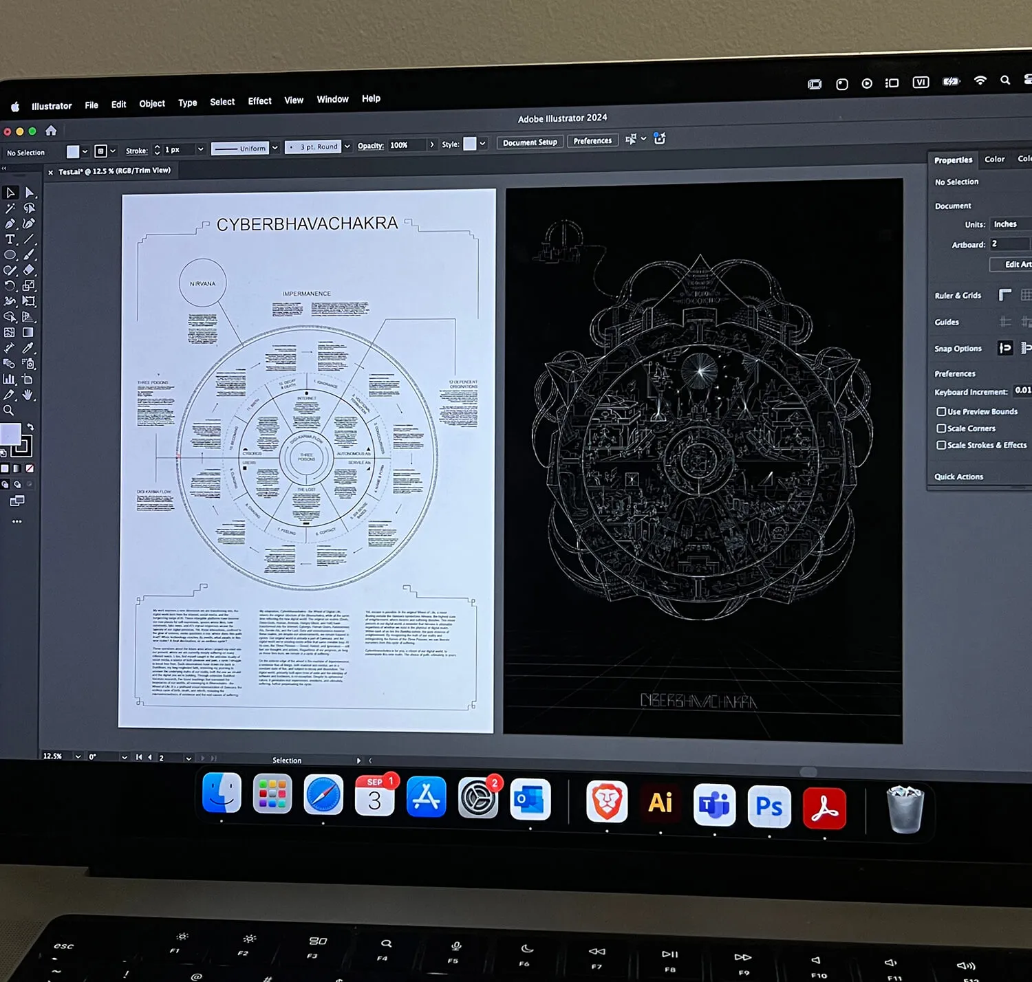 Computer screen displaying Adobe Illustrator 2024 with two detailed Cyberbhavachakra diagrams side by side—one light background with text and circular design, the other dark with intricate white linework.