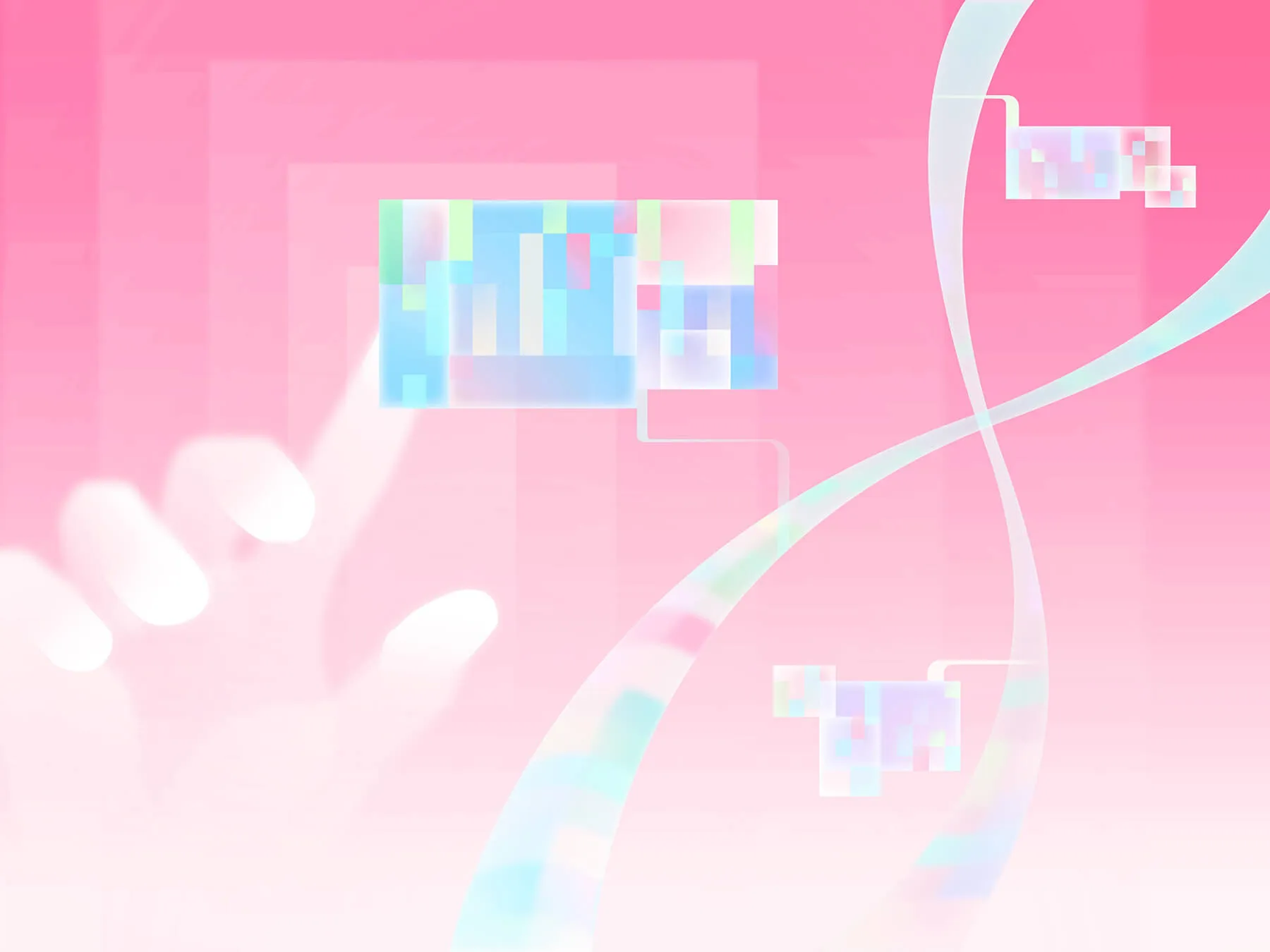 Faded hand reaching out to touch floating translucent digital interface elements on a pink background.