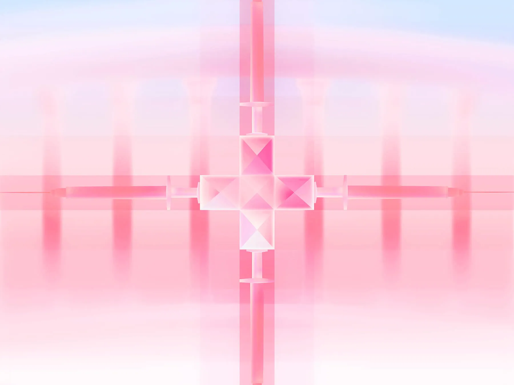 Abstract digital art of intersecting translucent pink and white geometric shapes forming a cross with a soft gradient background.