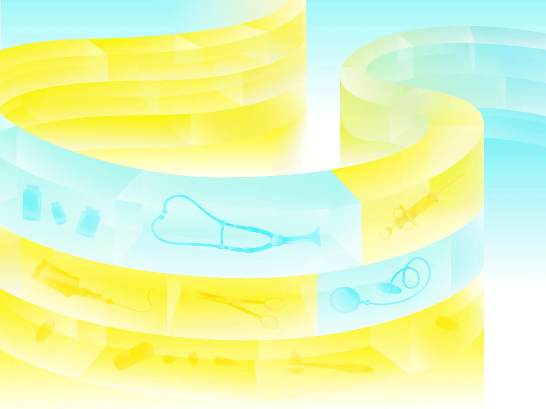 Spiral pathway featuring translucent sections with medical items such as a stethoscope, syringe, scissors, and medicine bottles against a blue and yellow gradient background.