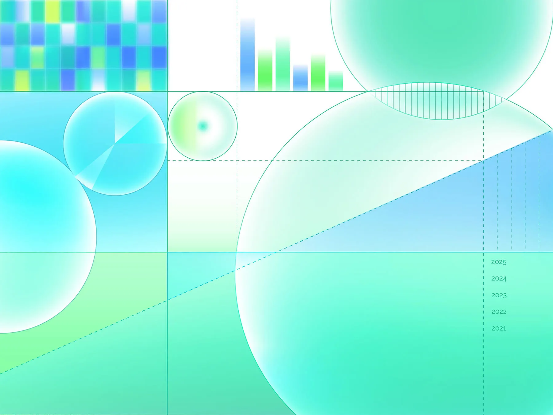 Abstract data visualization with colorful translucent circles, bar graphs, and grid lines on a gradient blue and green background.