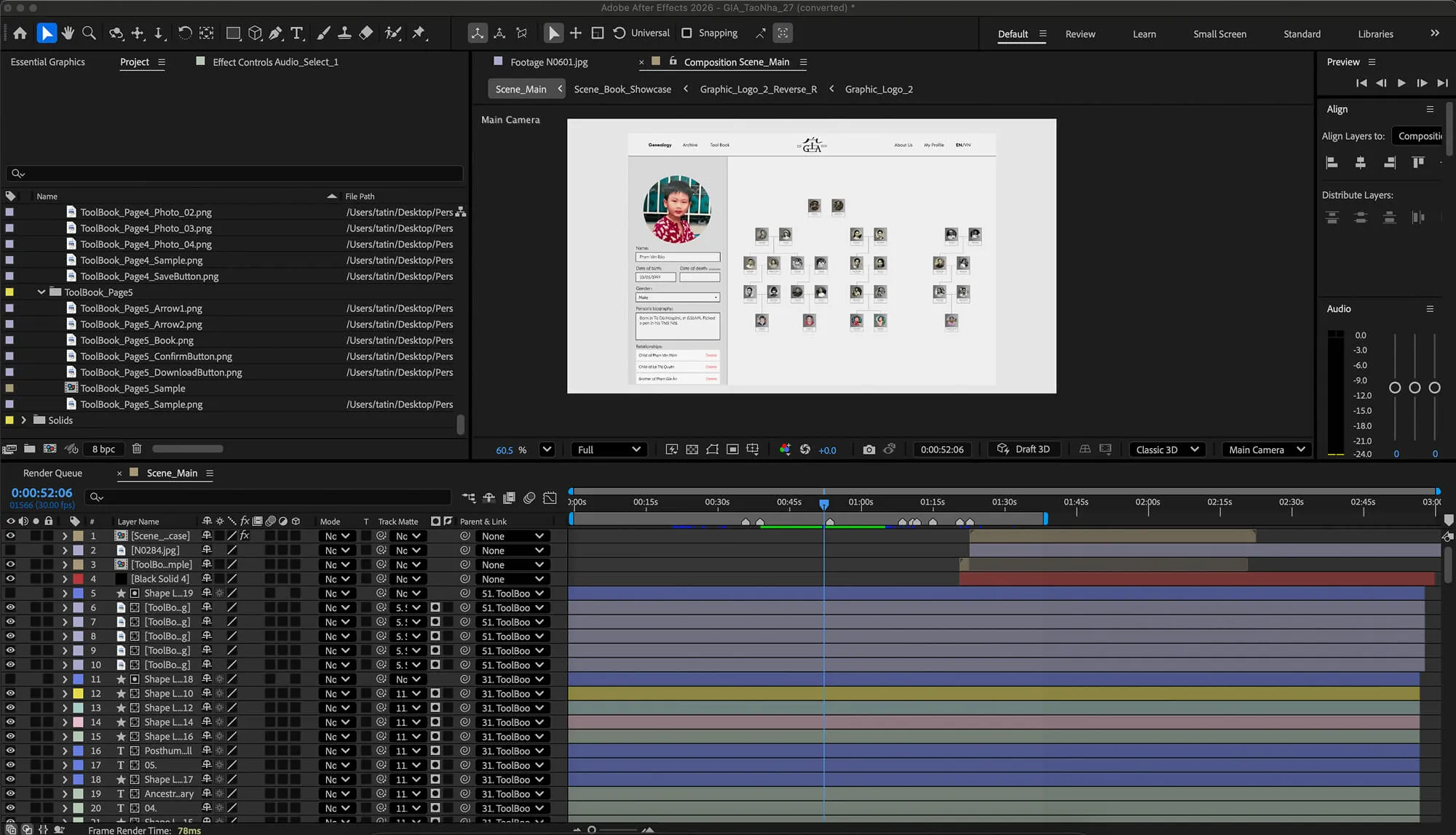 Screenshot of Adobe After Effects 2026 interface showing a family tree project with multiple layers and timeline tracks.