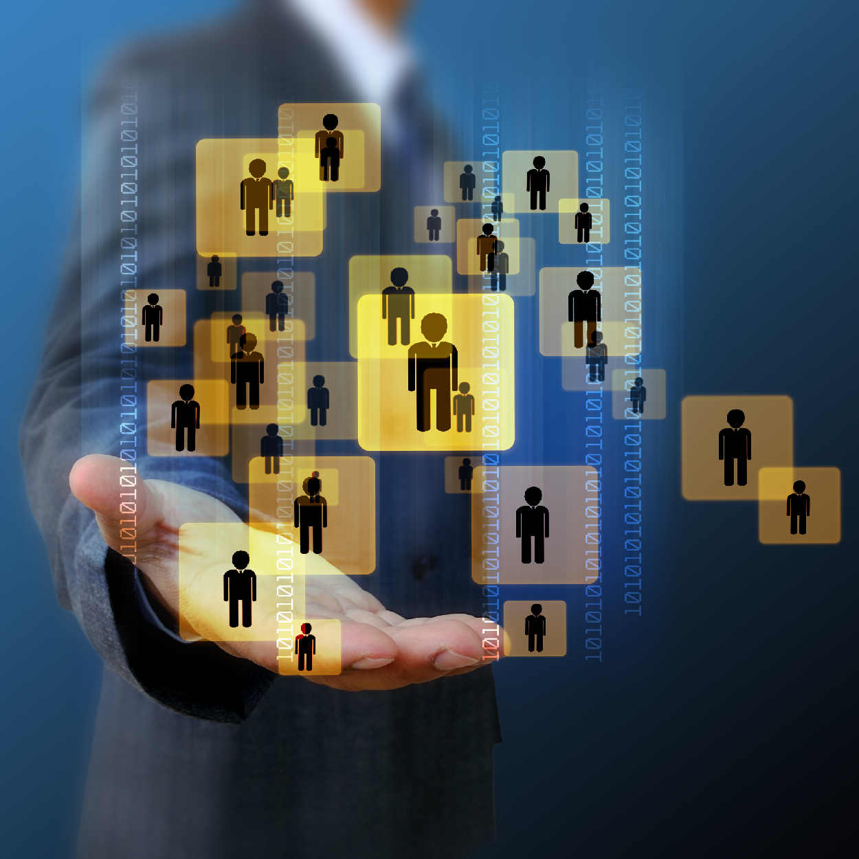 Businessman in suit holding digital icons of people representing networking and talent matching.