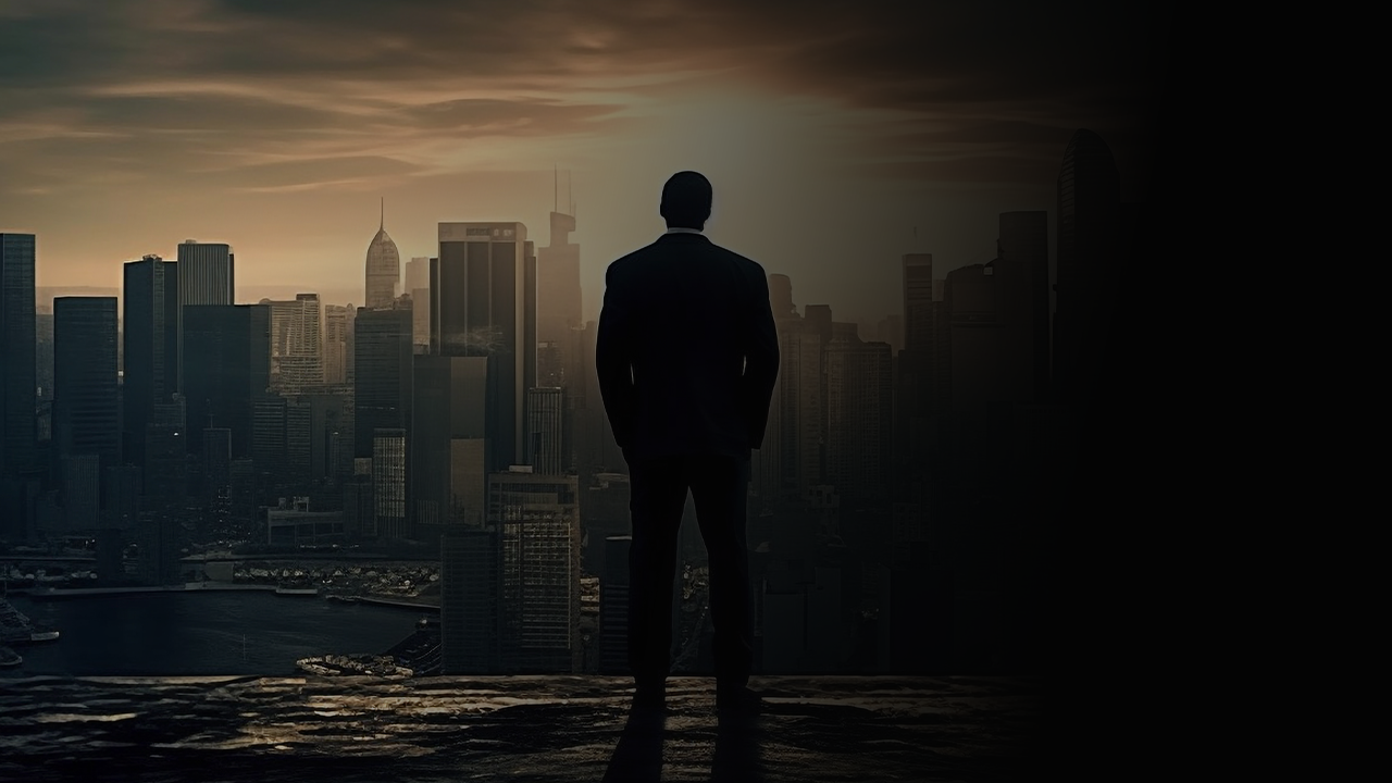 Silhouette of a man in a suit standing on a ledge overlooking a city skyline at dusk.