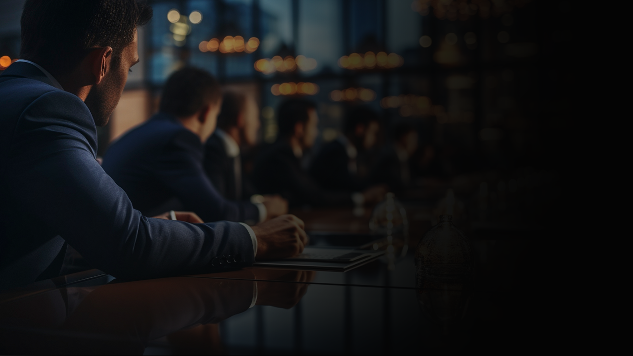 Business professionals in suits seated at a conference table in a dimly lit modern office.