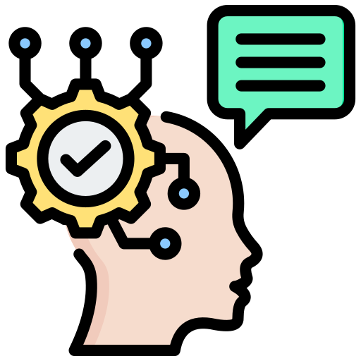 Illustration of a human head with a gear and checkmark inside symbolizing thinking or problem-solving, and a speech bubble indicating communication.