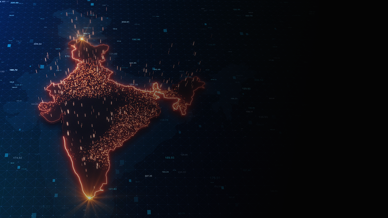 Digital glowing outline of India filled with orange data points and vertical light bars on a dark blue grid background.