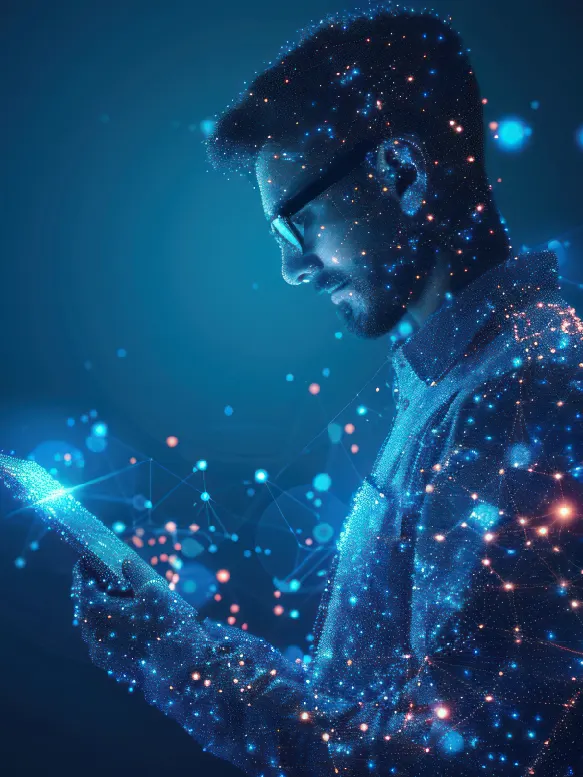 Side profile of a man wearing glasses, appearing as a digital network of glowing blue and orange nodes and lines while holding a tablet.