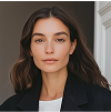 Portrait of a woman with long brown hair wearing a black blazer and white top, posing against a neutral background.