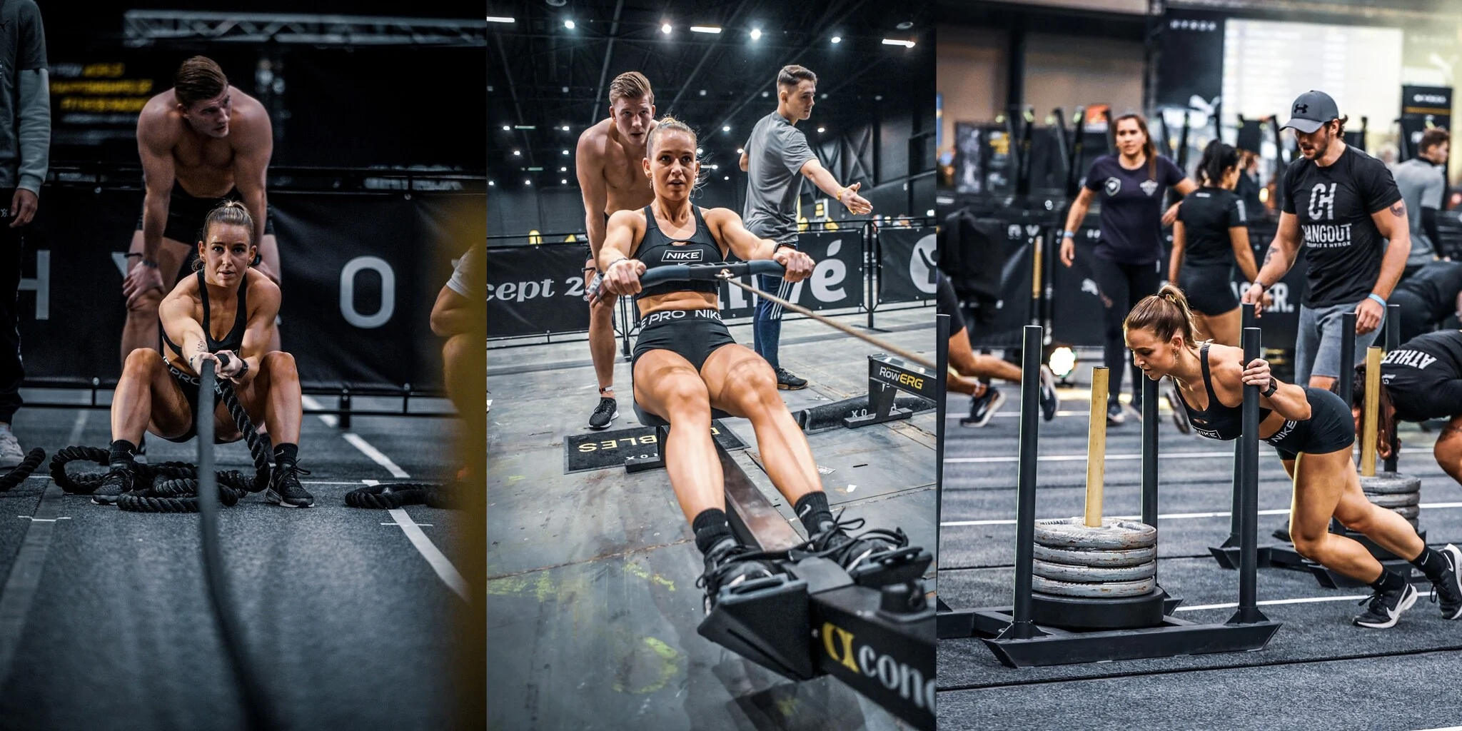 Tre bilder av folk som gjør hyrox øvelser