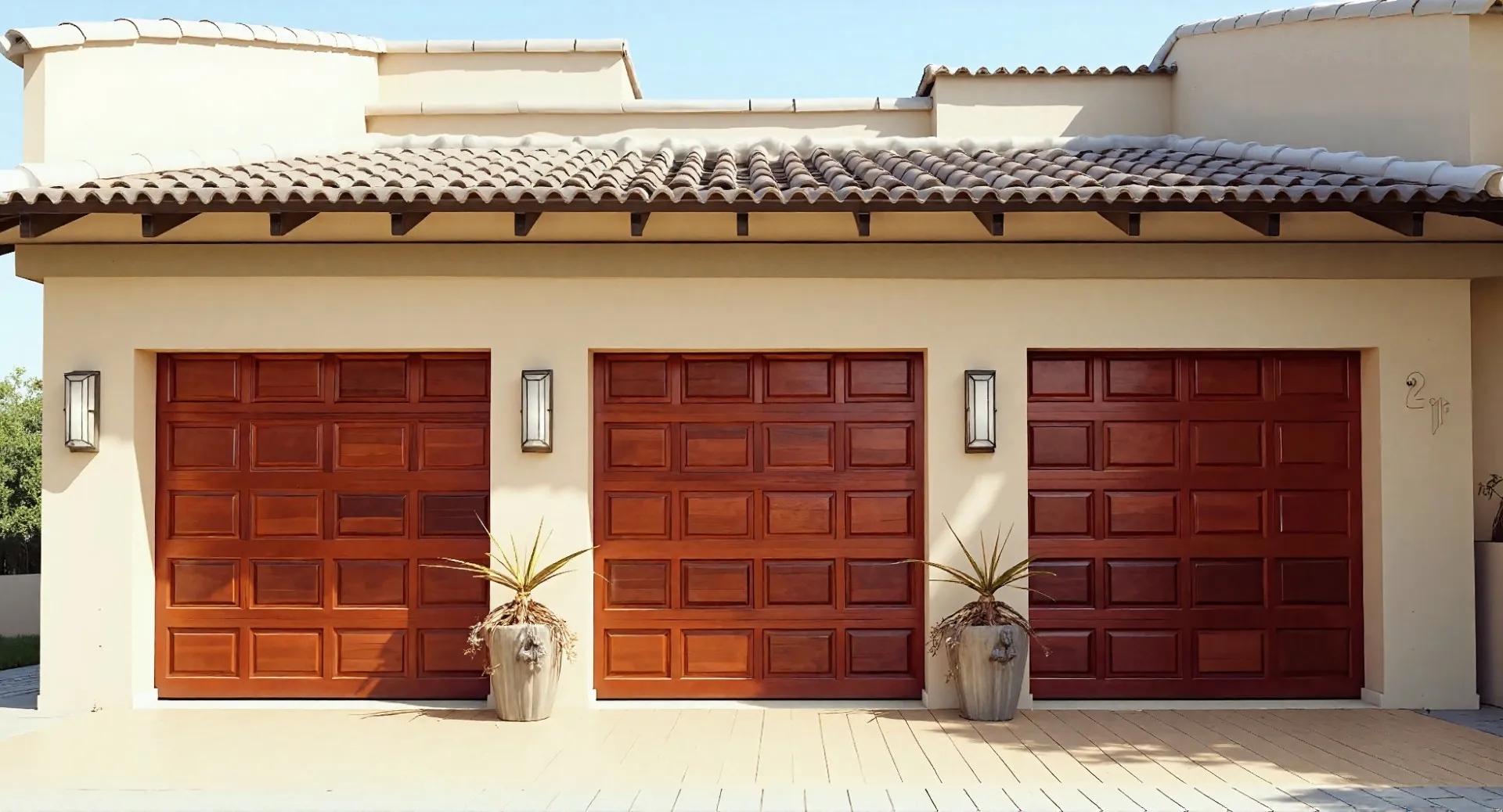 Three closed wooden garage doors on a beige house with clay tile roof and two potted plants in front.