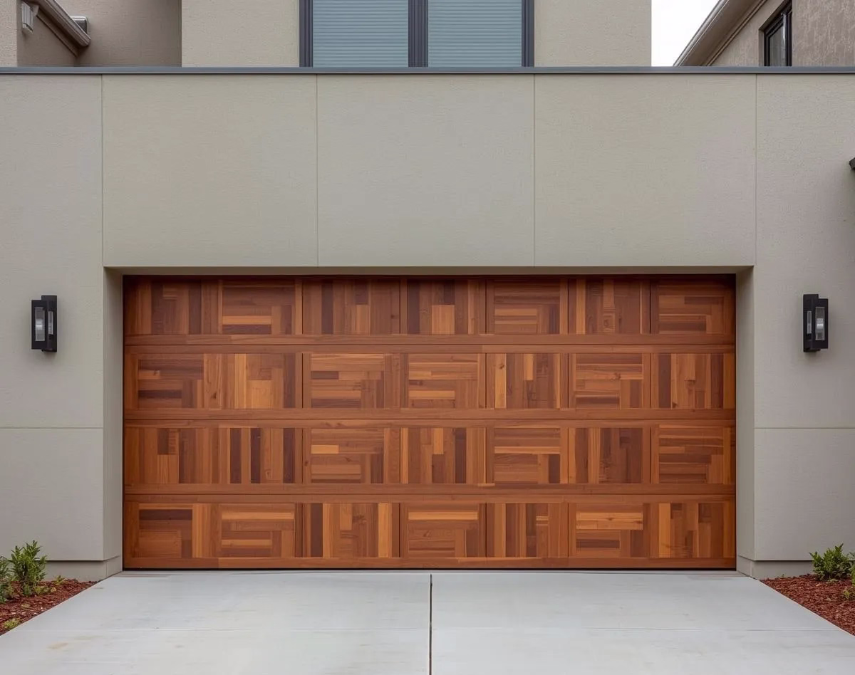 Wood-paneled garage door with a geometric pattern on a beige modern house exterior.