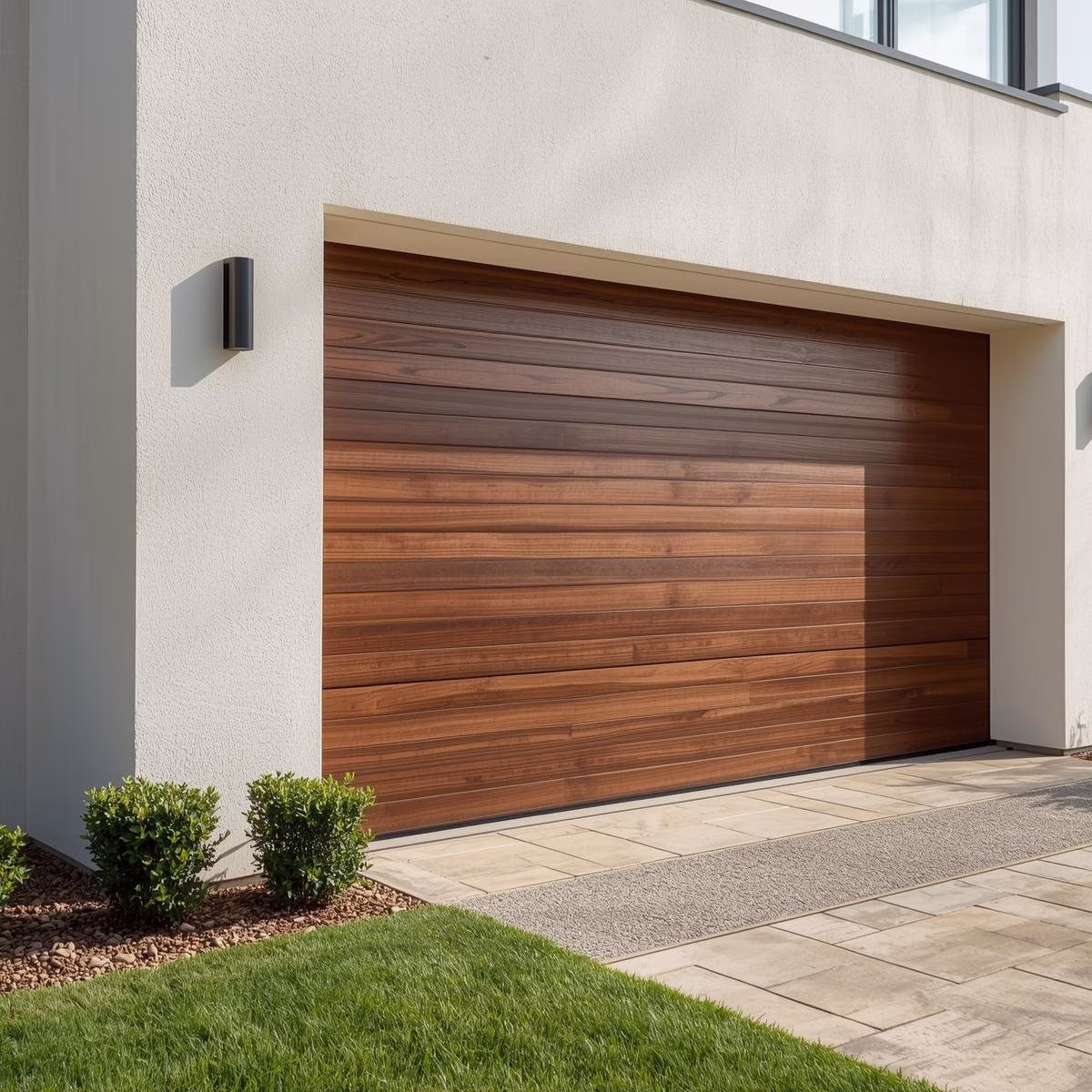 Modern garage door with horizontal wooden panels on a beige house exterior, next to green shrubs and a paved driveway.