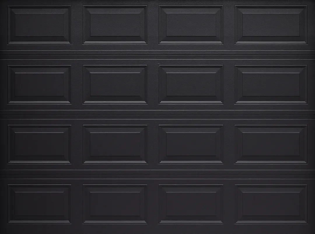 Black steel garage door with embossed rectangular panels arranged in four horizontal rows.