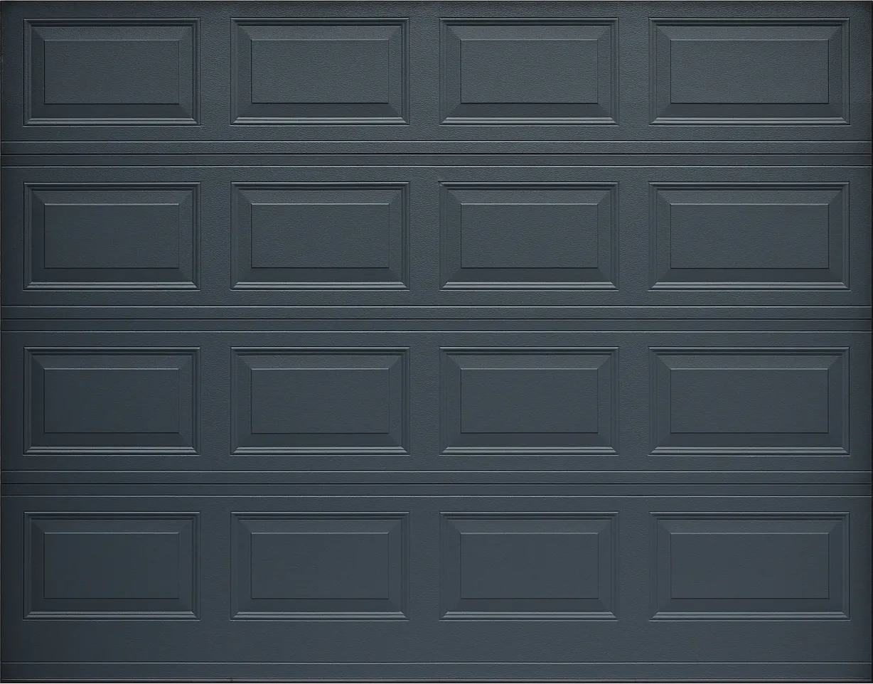 Grey steel garage door with four horizontal rows of rectangular recessed panels.