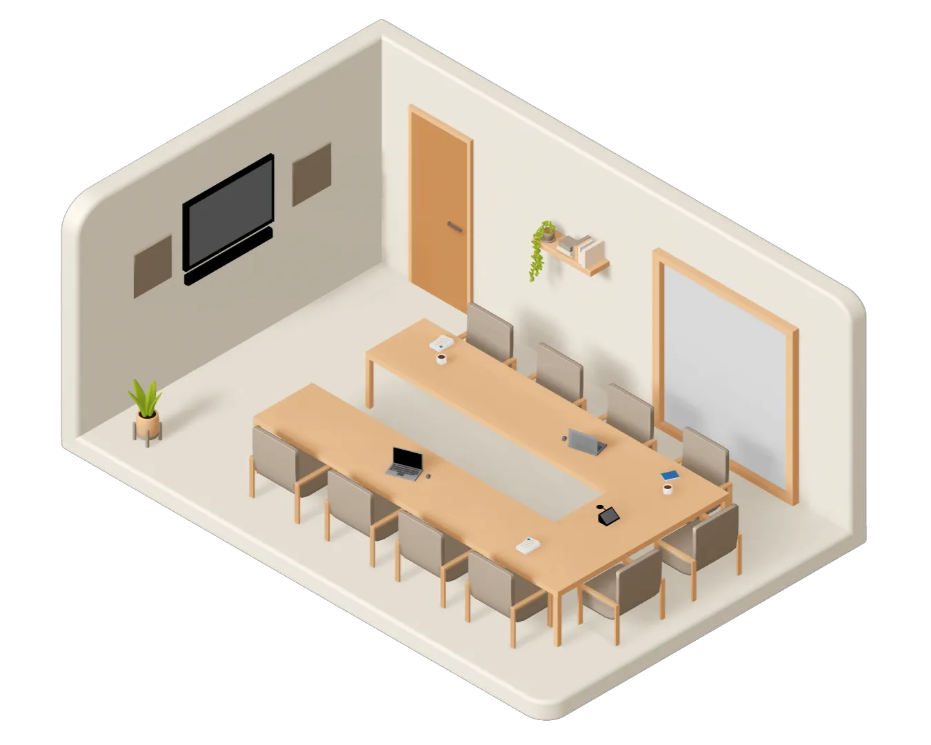 Salle de réunion carrée avec une grande table en U, dix chaises, un écran mural, une porte, une plante en pot et une étagère avec des livres.