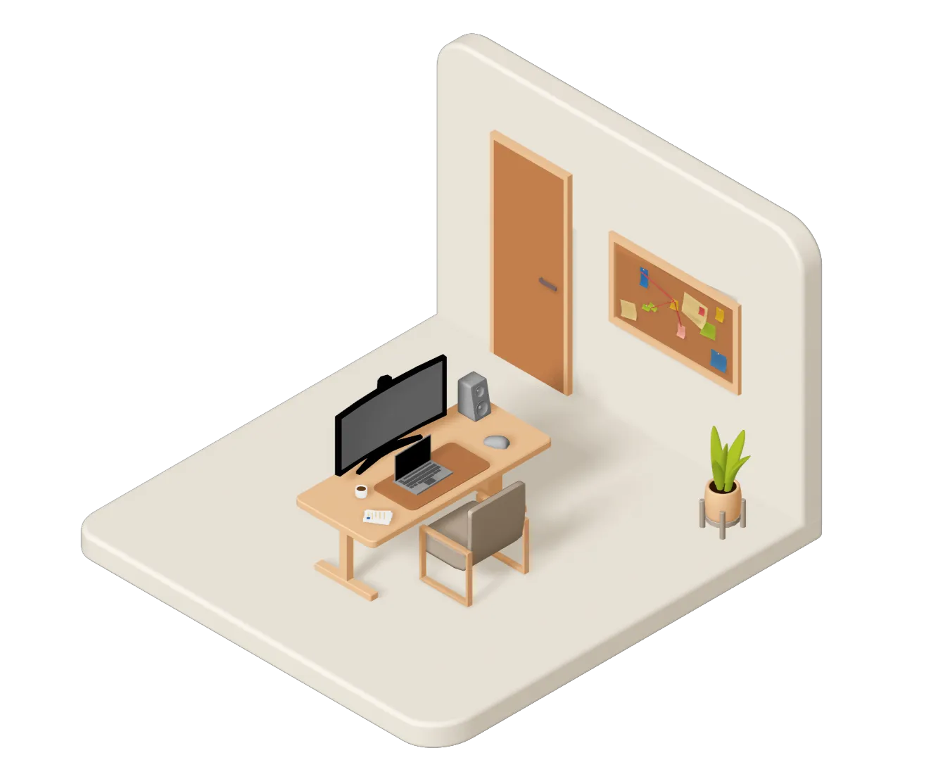 Bureau avec un ordinateur portable, un grand moniteur, une tasse, un fauteuil, un tableau d'affichage et une plante en pot dans une pièce minimaliste.