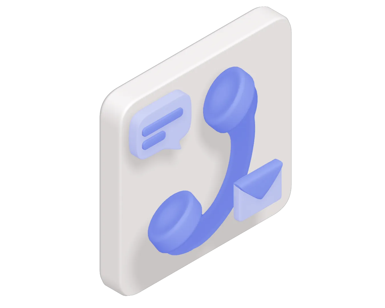 Icônes bleues en 3D représentant un combiné téléphonique, une bulle de message et une enveloppe sur un fond carré blanc.