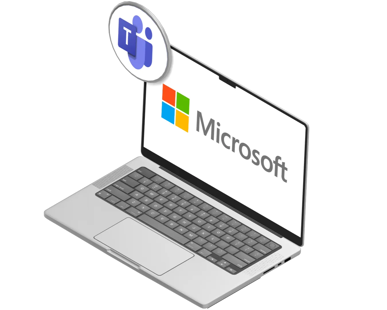 Ordinateur portable affichant le logo Microsoft avec une icône flottante de Microsoft Teams.
