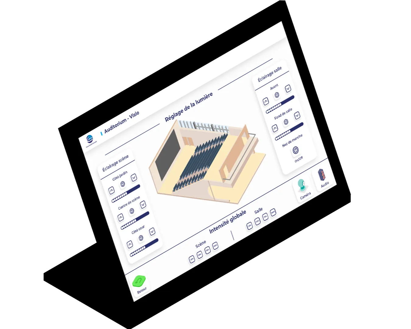 Interface de réglage de la lumière d'un auditorium avec schéma 3D de la salle et contrôles pour éclairage scène et salle.