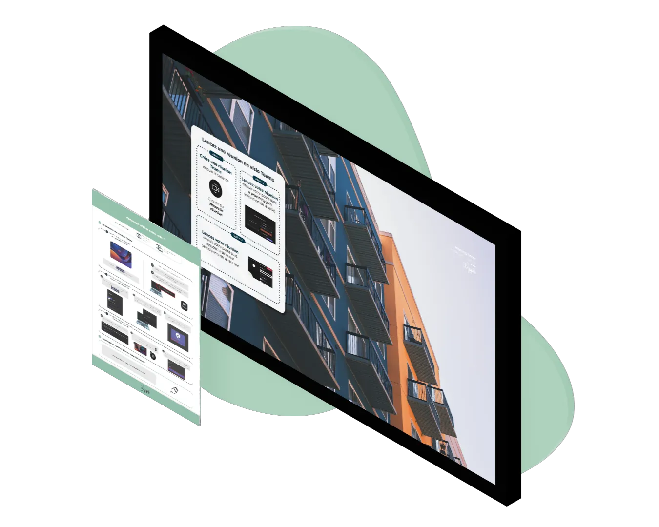 Vue inclinée d'une façade d'immeuble avec balcons, superposée à des écrans affichant des instructions en français pour lancer une réunion Teams.