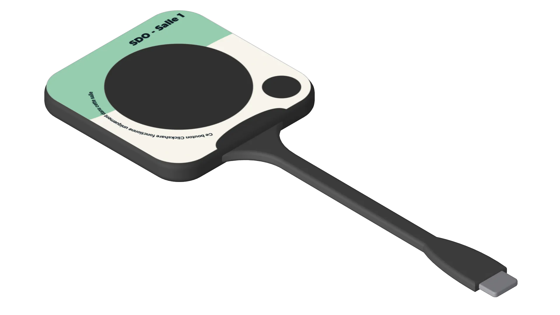 Étiquette d'identification pour matériel avec inscription 'SDO - Salle 1' et texte indiquant que le bouton clique déclenche une fonction unique dans la salle.