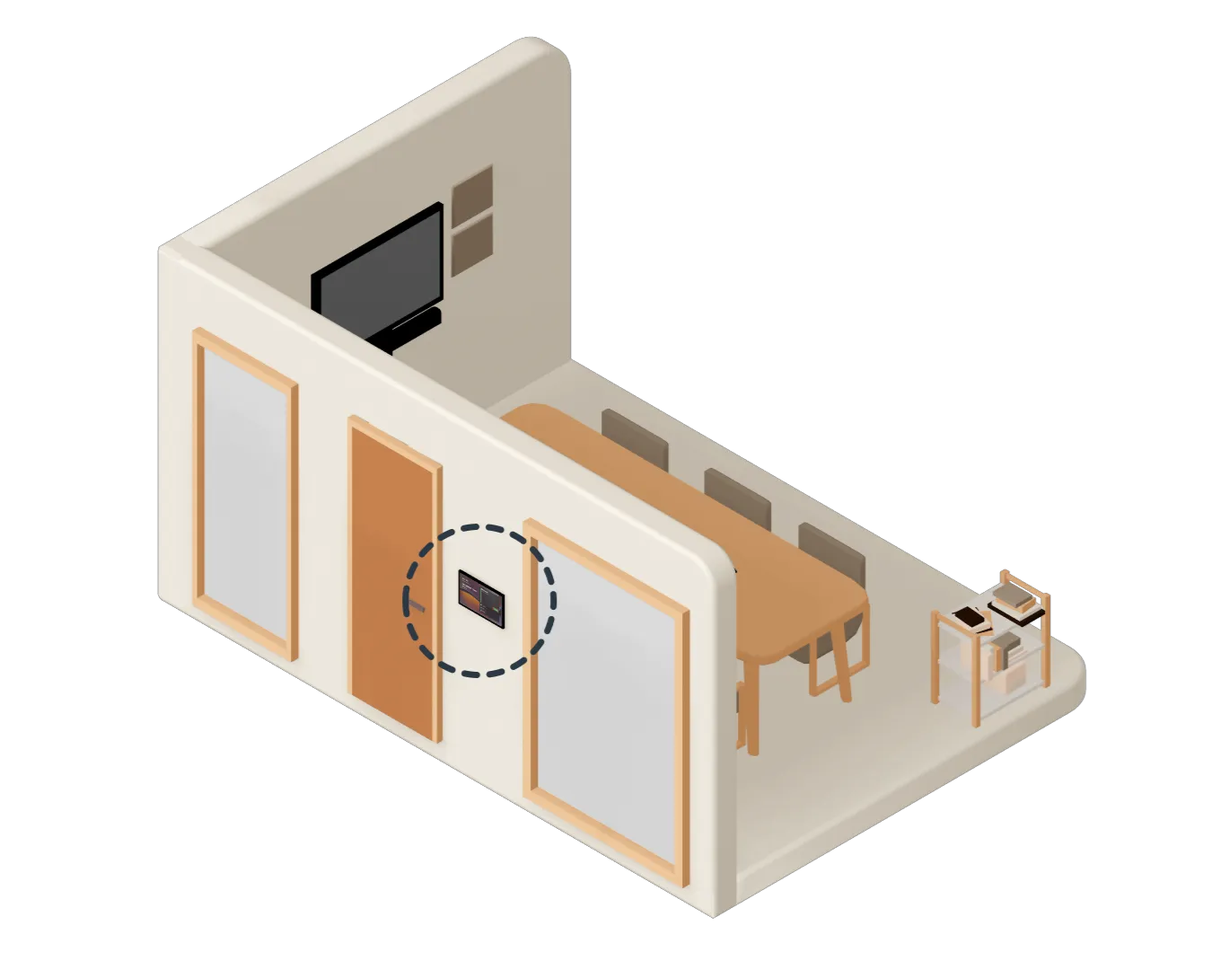 Vue isométrique d'une petite salle de réunion avec une table, quatre chaises, un écran TV mural et une tablette murale à côté de la porte.