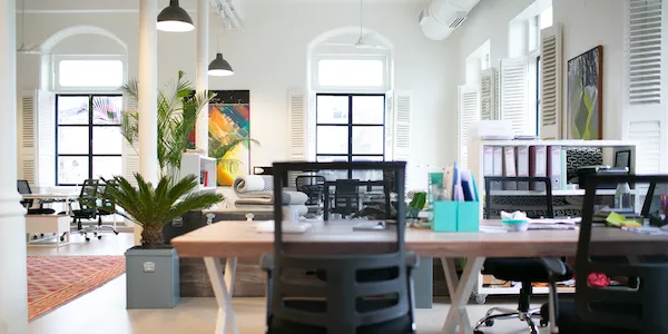 Bureau moderne et lumineux avec plusieurs chaises à roulettes noires, grandes fenêtres et plantes vertes.