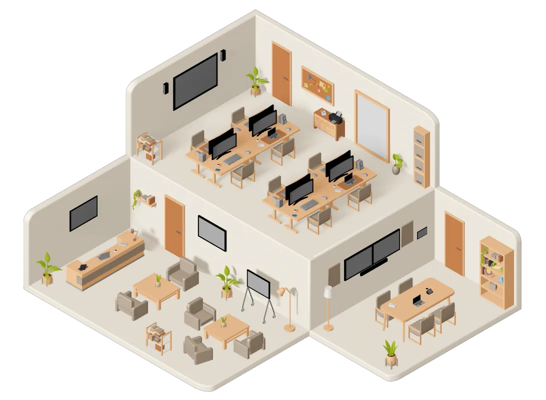 Vue isométrique d'un espace de bureau moderne avec trois pièces : une salle de réunion avec table et chaises, un bureau ouvert avec plusieurs postes de travail équipés d'ordinateurs, et un salon de détente avec fauteuils et tables basses.