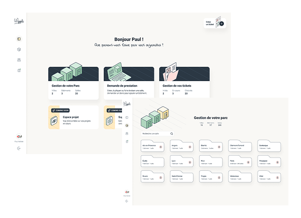 Une seule interface pour tout centraliser
Nos équipes techniques et design ont travaillé sur une interface fluide, simple et très complète, qui vous permet de retrouver :
Toutes vos salles de réunion, organisées par bâtiment, étage ou typologie
L’ensemble de vos équipements, avec leurs numéro de série, statut, durée de garantie
Vos documents utiles : synoptiques, plans de câblage, plans d’étages, tutoriels utilisateurs, etc.
Vos demandes d’information liées à votre parc