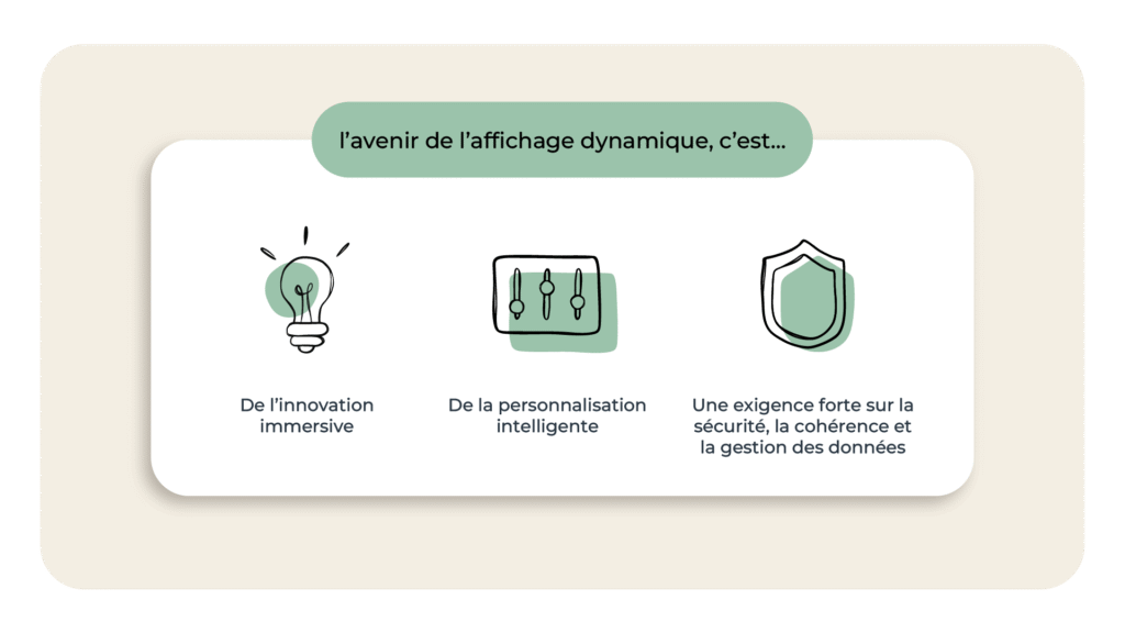 L’avenir de l’affichage dynamique, c’est : 
- De l’innovation immersive (hologrammes, RA, interactions sans contact)
- De la personnalisation intelligente (grâce à l’IA contextuelle)
- Une exigence forte sur la sécurité, la cohérence et la gestion des données