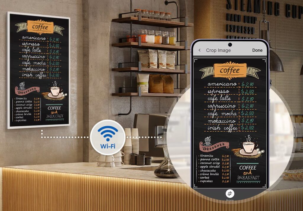 Pilotage et Gestion simplifiée : via l’app mobile Samsung E-Paper (iOS / Android) ou avec une clef usbc.