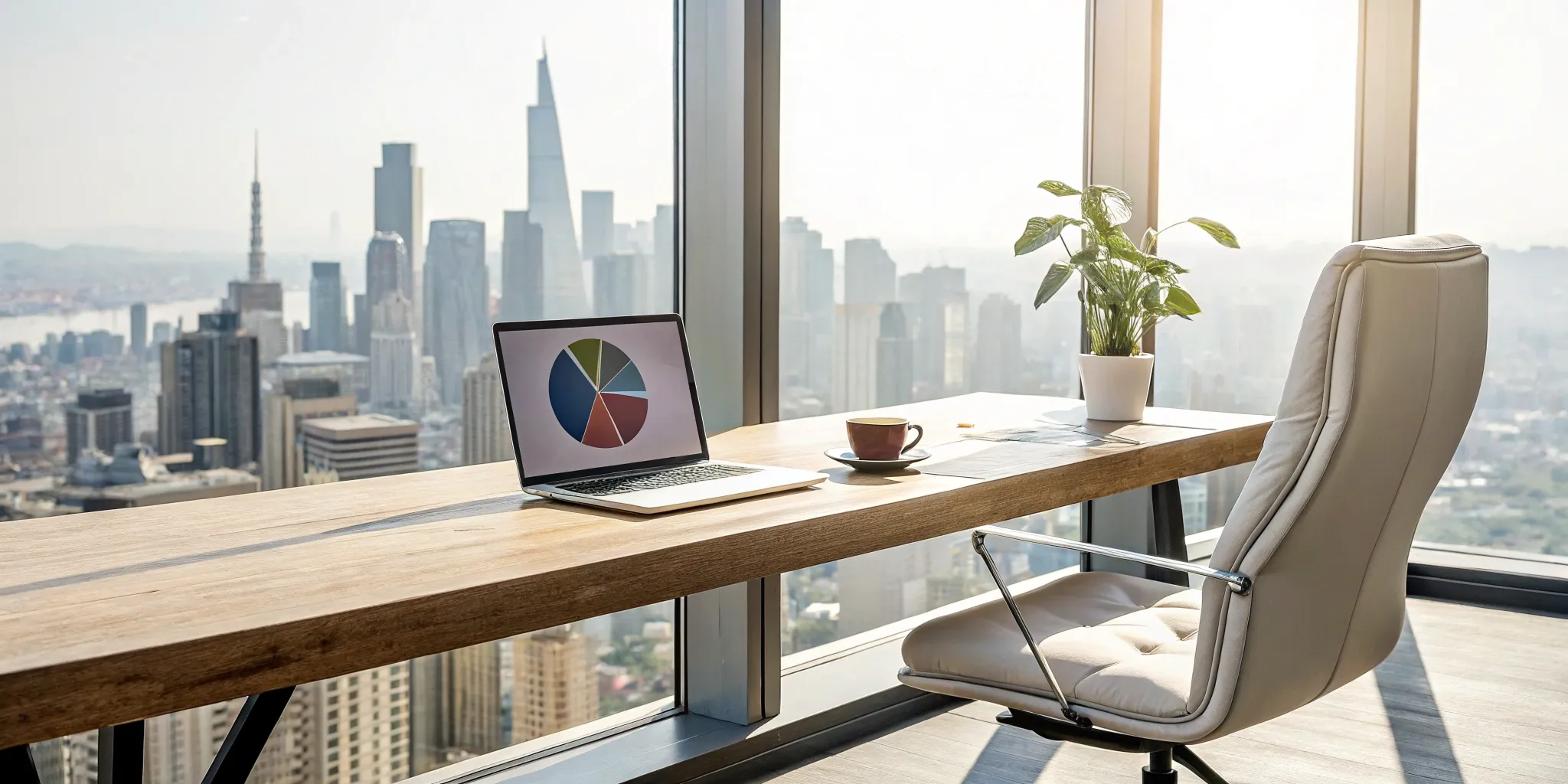 A marketing account coordinator's desk with a laptop displaying a chart for managing a client marketing account.