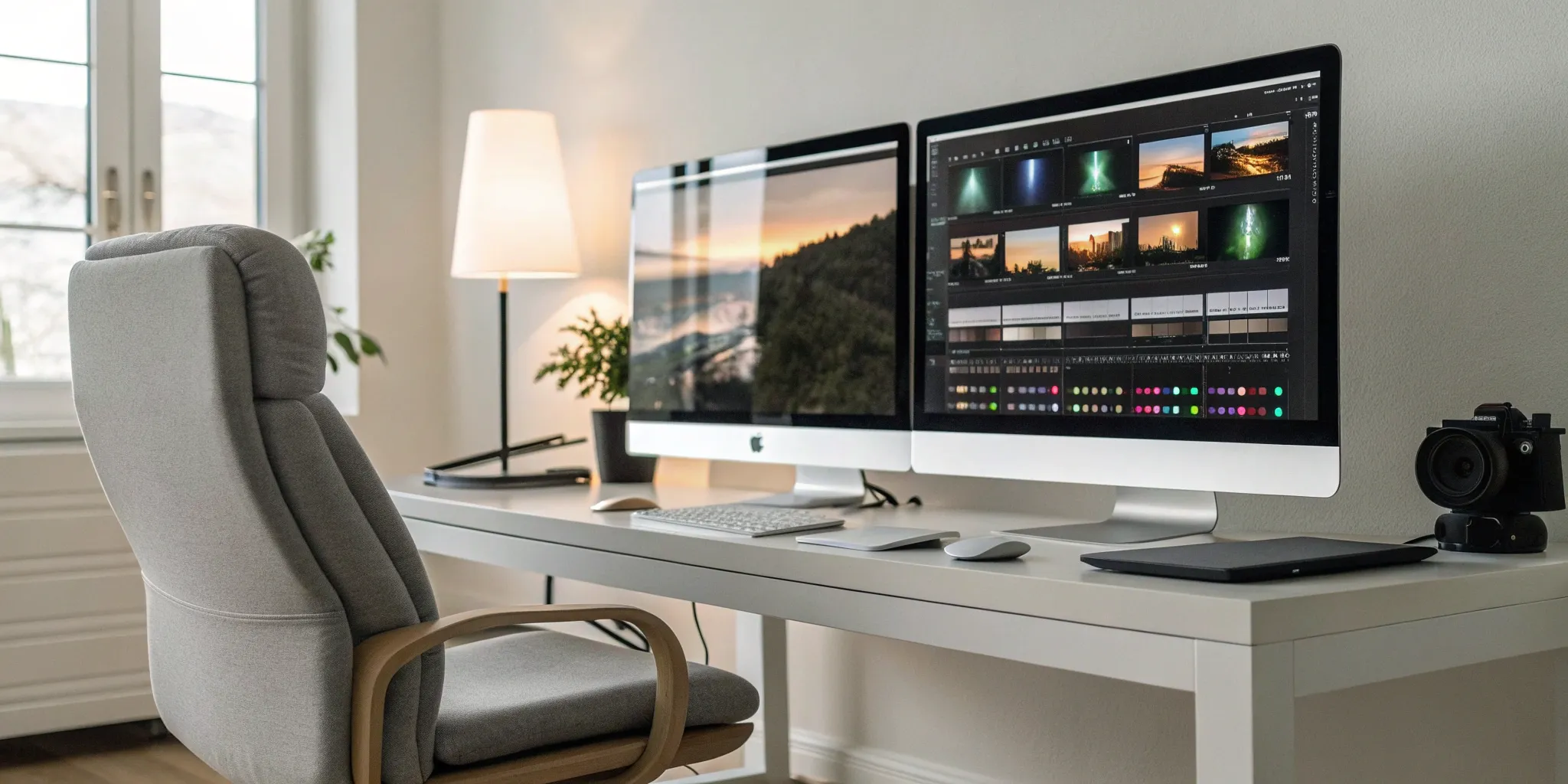 A professional video editing workspace with dual monitors and a camera, ready for an outsource project.
