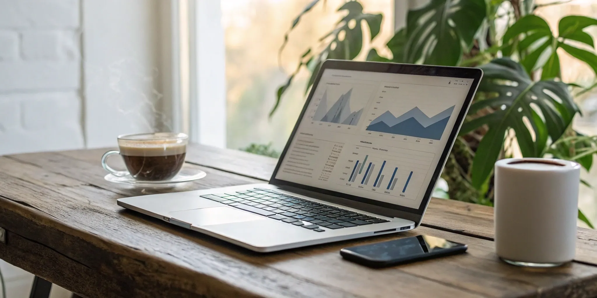 A remote work desk with a laptop showing SEO analytics for a guide on how to hire a specialist.